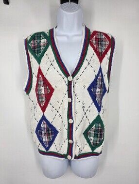 Vtg 90s Susan Bristol Plaid Patchwork Sweater Vest S Small Argyle Knit 1995